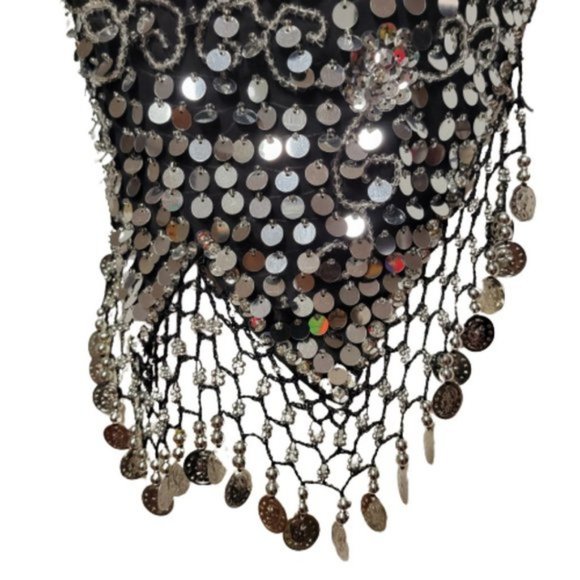 Black Sequin Halter Crop Top Silver Sequin Backless Belly Dancing Tops NEW - Picture 6 of 11